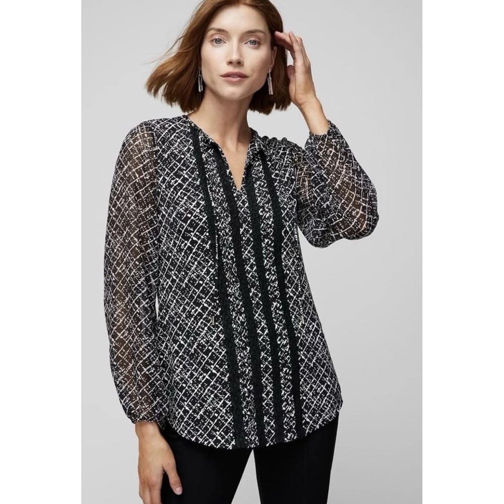 WHITE HOUSE BLACK MARKET Womens Tunic TOP Long Sleeve BLACK White Size L Workwea